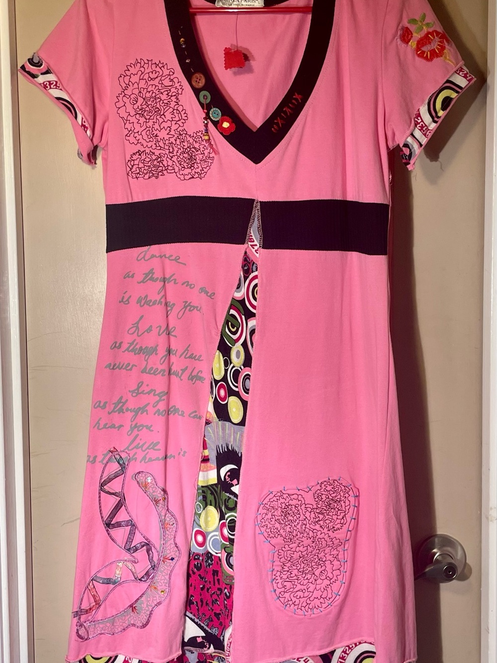 Pink Boutique Graphic V-Neck Dress with Patterned Panel